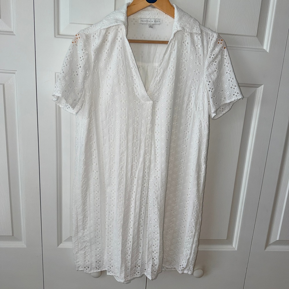 Preston & York White Eyelet Shift Dress V-Neck Short Sleeve Lined Size 8